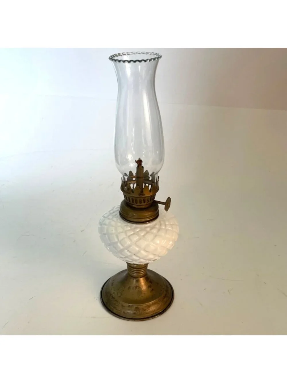 Vintage Mini Milk Glass Oil Lamp Diamond Pattern Base Ruffled Chimney 9.75
